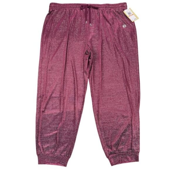 NWT MICHAEL Michael Kors Women High Waist Metallic Jogger Pants 1X Dark Ruby - Picture 2 of 6